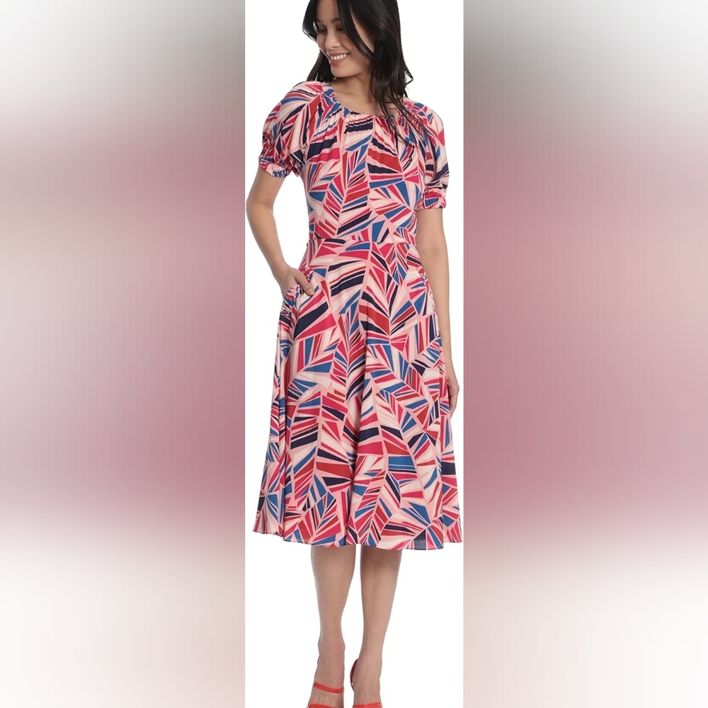 Maggy London Geometric Print Dress in Red, Blue, and White